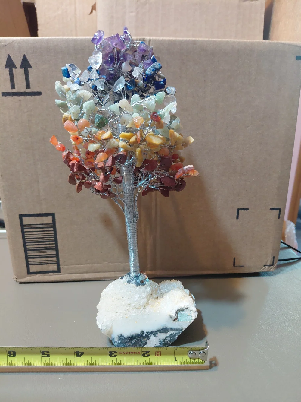 Handmade Multi-Color Gemstone Tree Sculpture on White Crystal Base